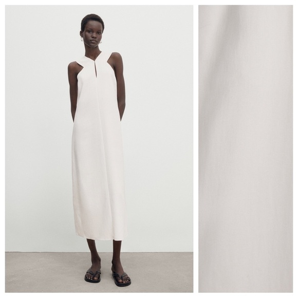 NWT. Massimo Dutti Cream Viscose Blend Halter Neck Midi Dress. Size M. - Picture 1 of 10